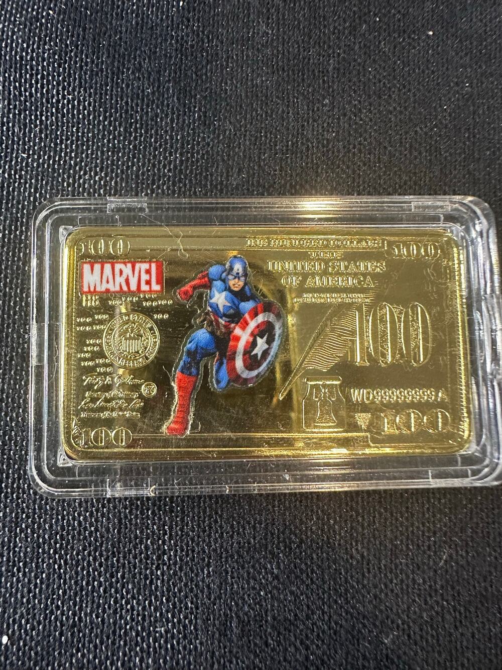 Marvel Captain America Gold Collectible $100 Banknote Bar w/ Display Case